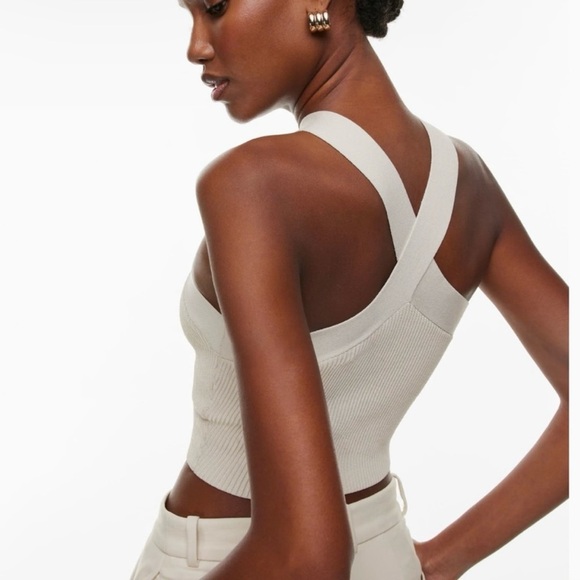 Aritzia Babaton Sculpt Knit Criss Cross Cropped Tank Sz XS Beige Going Out Top - Picture 2 of 8